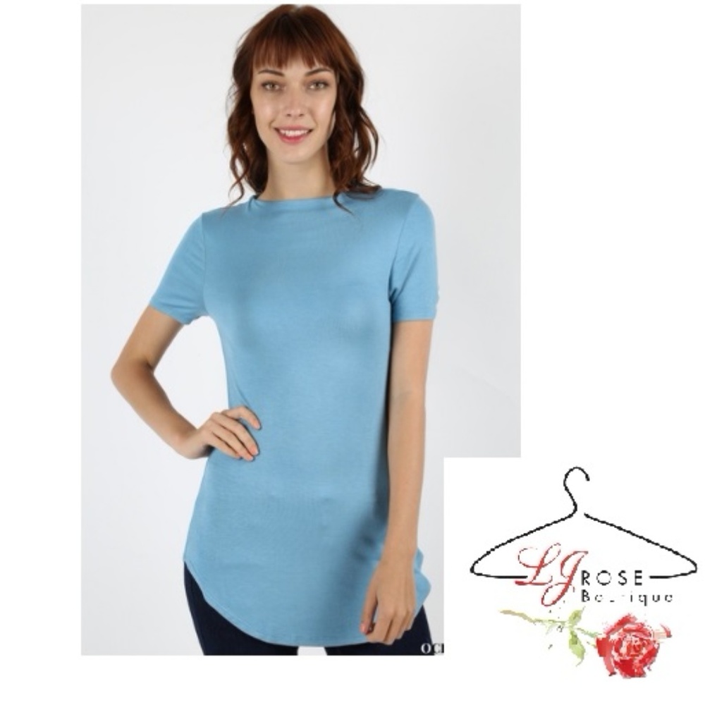 RAYON MOCK NECK CURVED HEM SHORT SLEEVE TOP